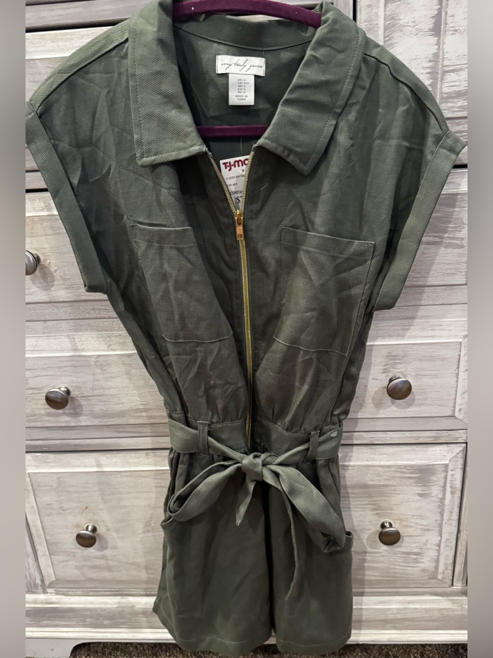Sincerly Jules Olive Green Utility Romper Jacket with Waist Tie